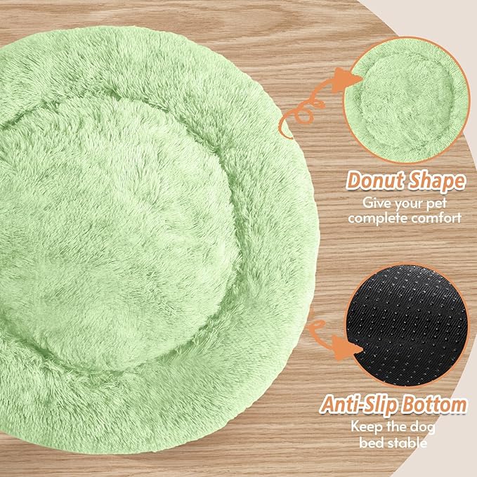 JOLLYVOGUE Calming Dog & Cat Bed for Small Dogs, Anti-Anxiety Donut Cuddler Cozy Soft Round Bed with Anti-Slip Bottom, Fluffy Faux Fur Plush Cushion Beds for Small Medium Pets (23")