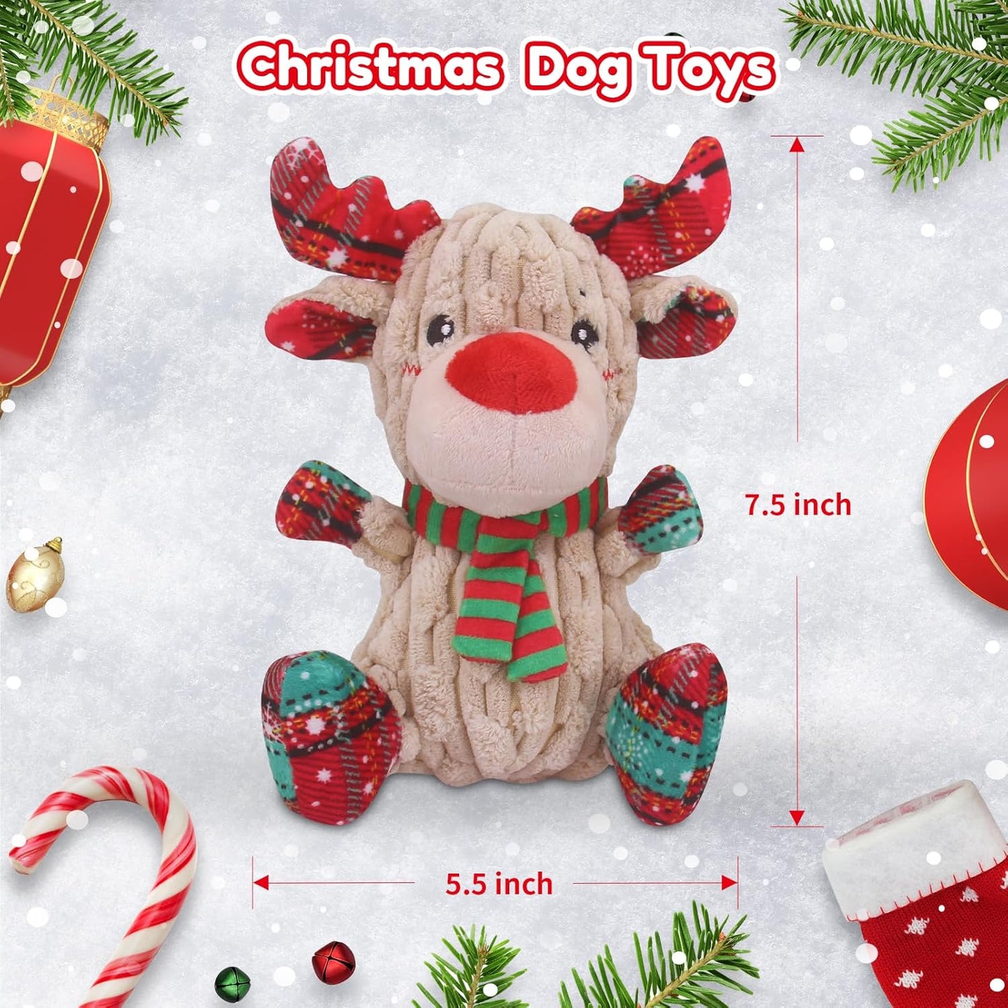 Christmas Dog Toys, Funny Squeaky Reindeer Toy with Crinkle Paper Attract Pets, Interactive Plush Chew Toys, Adorable Christmas Elk Dog Gifts for Small Medium Large Dogs