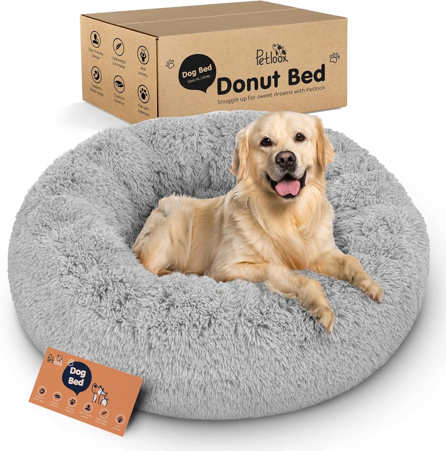 Donut Dog Bed - Premium Comfort for Anxiety Relief - Fluffy & Calming Design with Ultra-Plush Support | Cozy Round Dog Bed with Super Soft Circle Style (Size XL Grey)