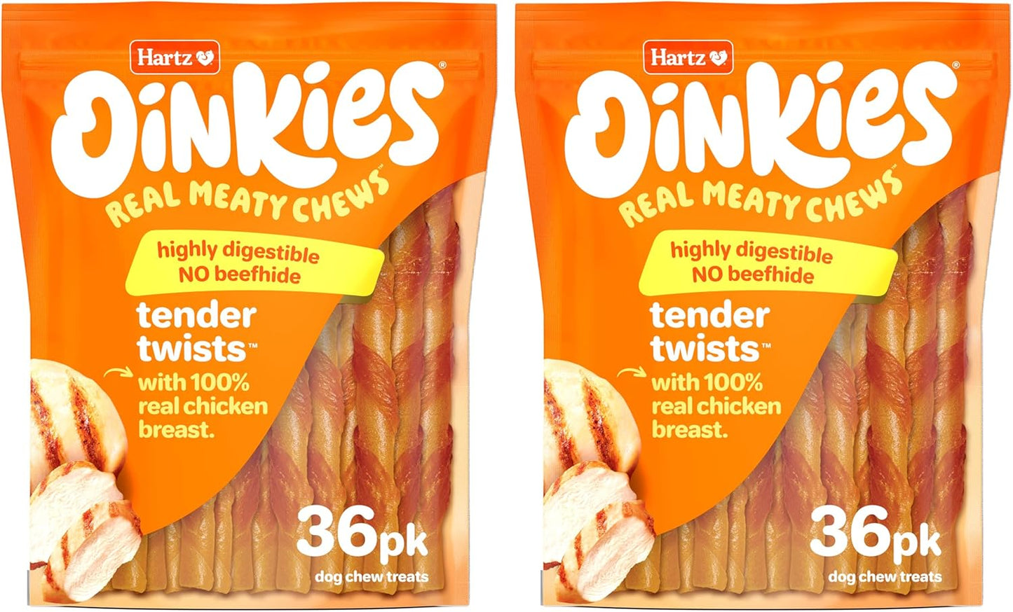 Hartz Oinkies Tender Twists with Real Chicken Breast Rawhide-Free Dog Treats, Highly Digestible Dog Chews, 72 Count