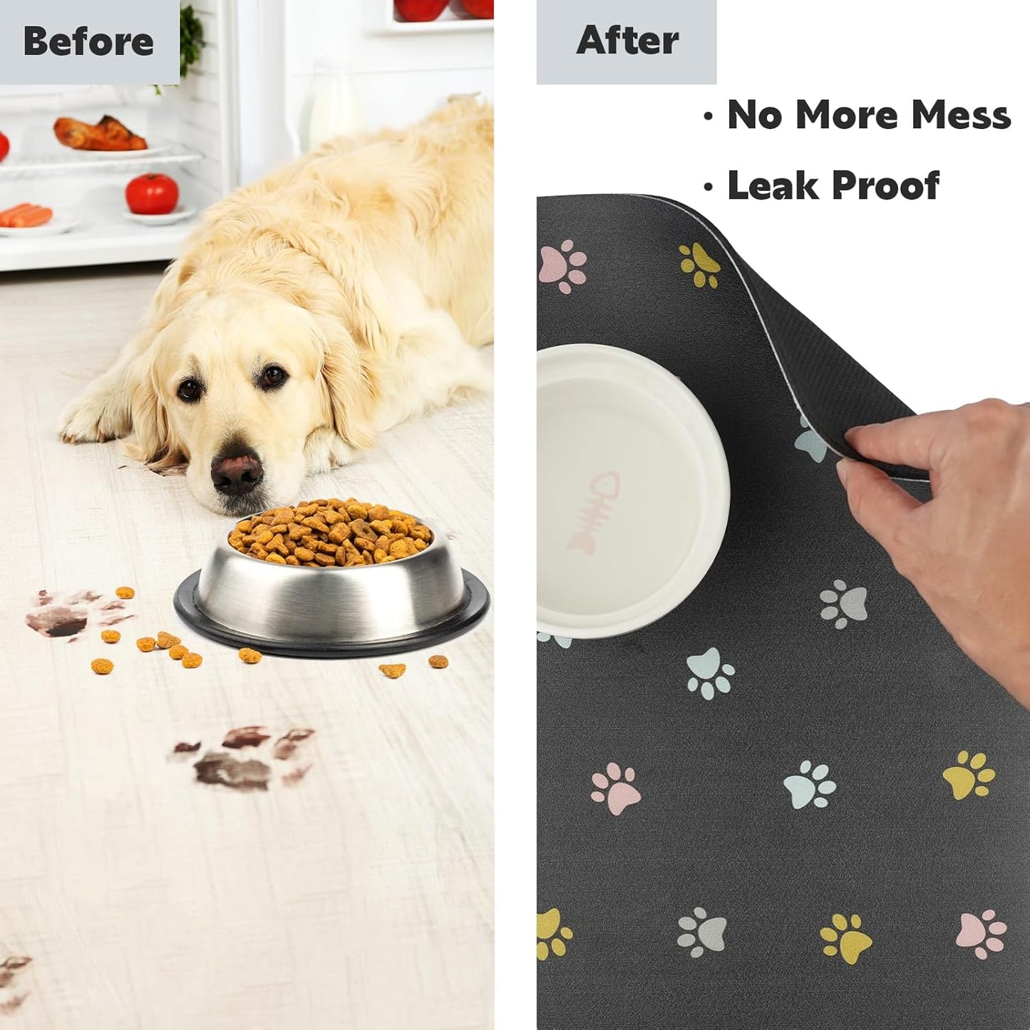 Cat Food Mat Absorbent Dog Mat for Food and Water Non Slip Quick Dry Dog Bowl Mats for Floors 24" X 16" Paw Dark Gray