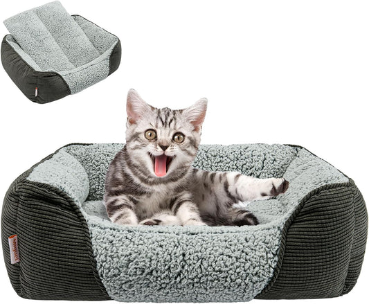 Miguel Washable Cat Bed for Indoor Cats With Removable Cushion, Easy to Wash Small Pet Sofa With Side, Rectangle Bolster Kitten Calming Cuddle Puppy Bed, Anti-Slip Bottom, Gray 18 Inch