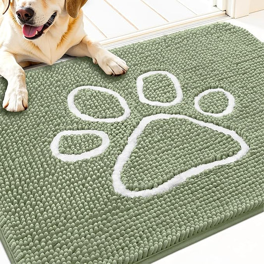 OLANLY Door Mat for Muddy Dog Paws 30x20, Ultra Absorbent Chenille Mud Doormat with Paw Print Design, Non-Slip Washable Doormat for Indoor Entryway, Quick-Dry Pet Bed Mats for Dirty Dogs, Sage Green