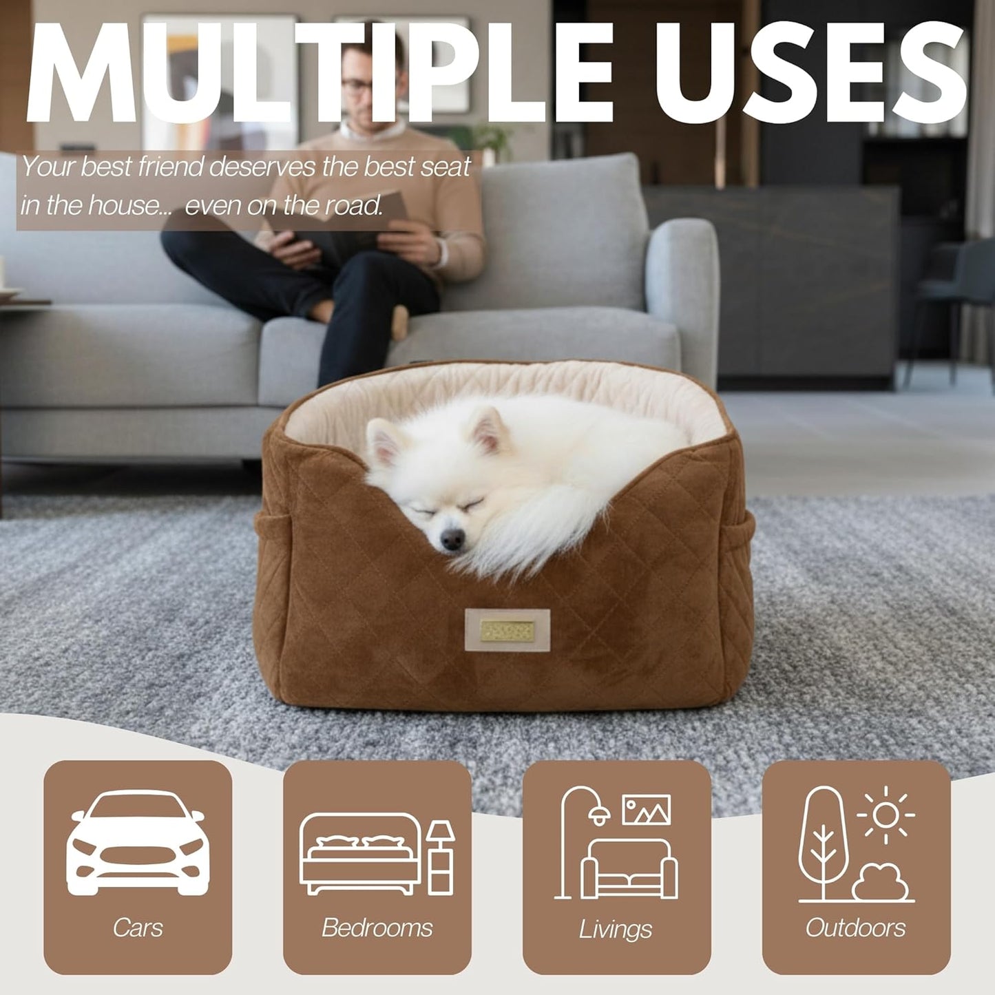 Premium 2-in-1 Dog Car Seat & Home Bed for Small Dogs – Premium Travel Pet Bed with Safety Straps, Stylish Design, Soft Plush Cushion & Secure Portable Comfort – Under 30lbs (Brown)