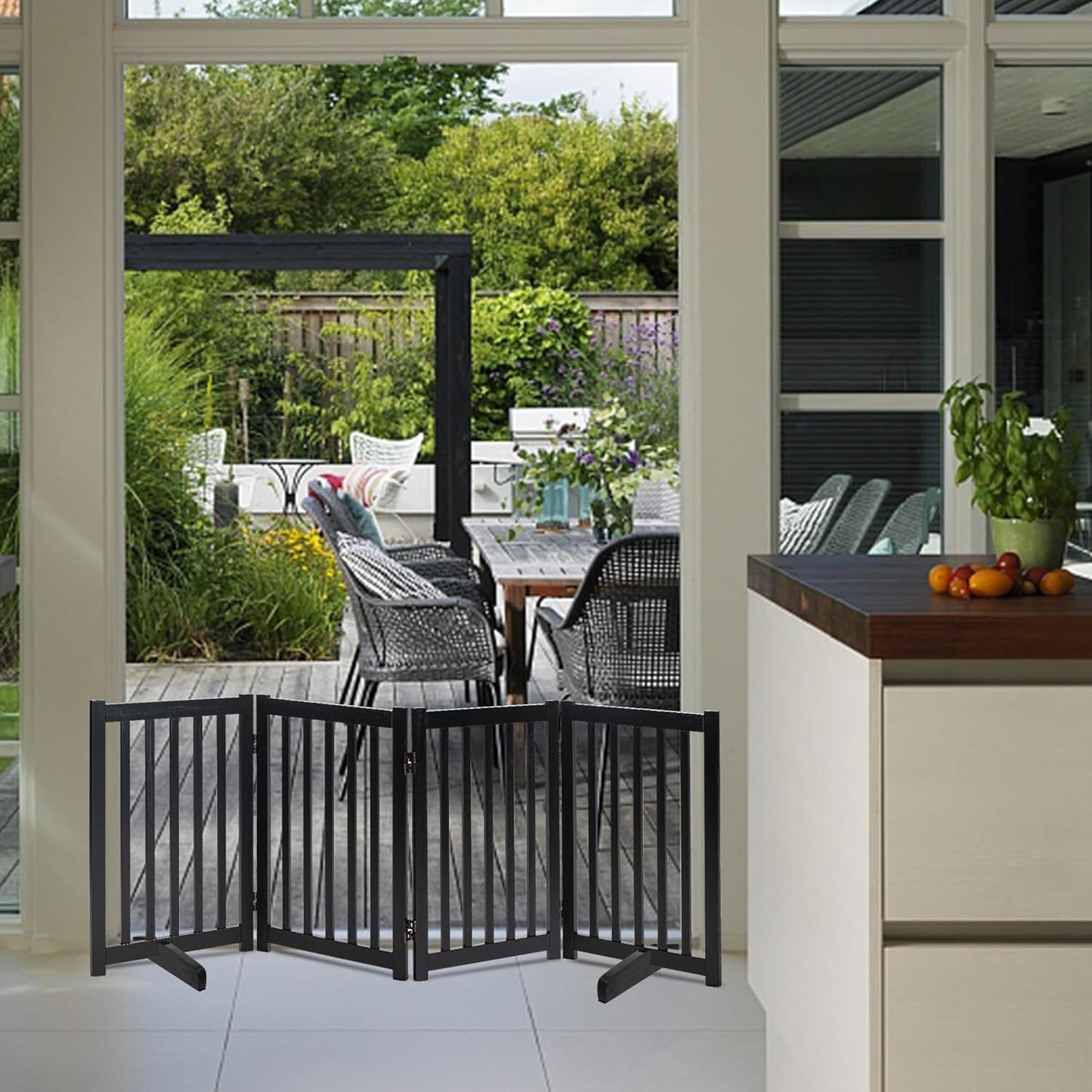 LZRS Solid Hardwood Freestanding Pet Gate,Wooden Dog Gates Indoor for Doorways,Nature Wood Dog Gates for The House,Stairs,Safety Fence,Black,30" Height-4 Panels