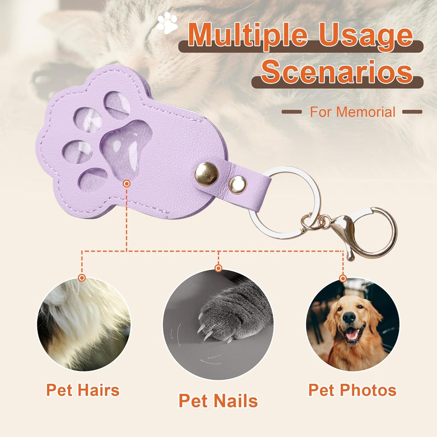 Pet Memorial Keychain Dog Paw Keepsake Photo Holder Heartfelt Memorial Gift for Loss of Dog and Cat Holds Fur and Pictures Keychain or Bag Charm for Bereaved Pet Owners (3Pack Purple)