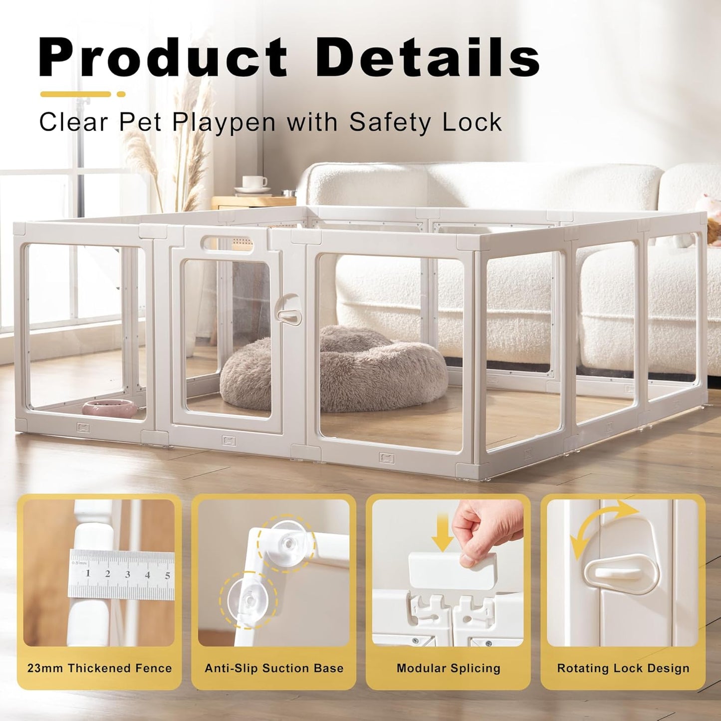 Clear Acrylic Dog Playpen Indoor, Puppy Cat Small Pet Play Pen, Pet Cat Foldable Playpen for Rabbits, Dog Fence Crate Kennel Whelping Cage (White, 12 Panel)