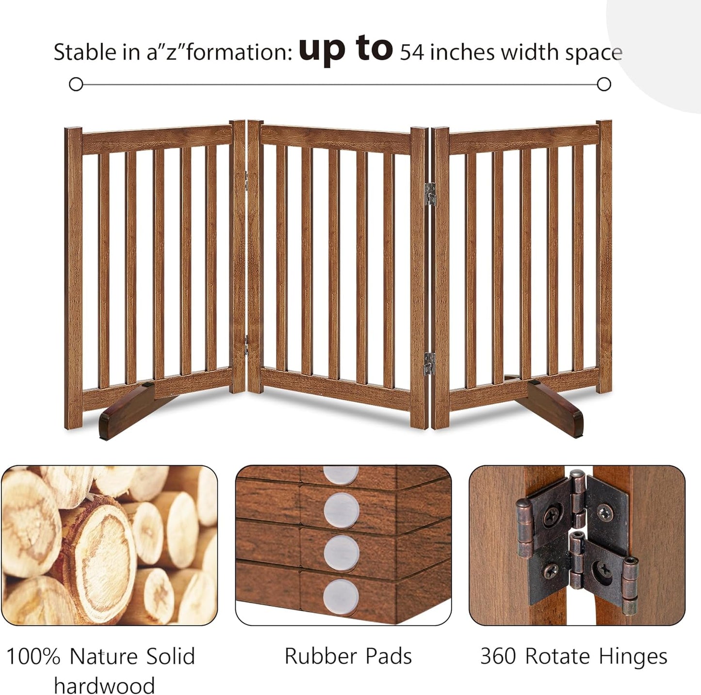 LZRS Solid Hardwood Freestanding Pet Gate,Wooden Dog Gates Indoor for Doorways,Nature Wood Dog Gates for The House,Stairs,Safety Fence,Oak,30" Height-3 Panels