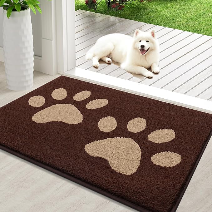 Buganda Dog Door Mat for Muddy Paws, Absorbent Dirt Trapper Washable Indoor Doormats, Non Slip Low-Profile Mud Mat for Dogs, Front Entrance Doormat for Inside Floor (36x24 Inches, Brown)