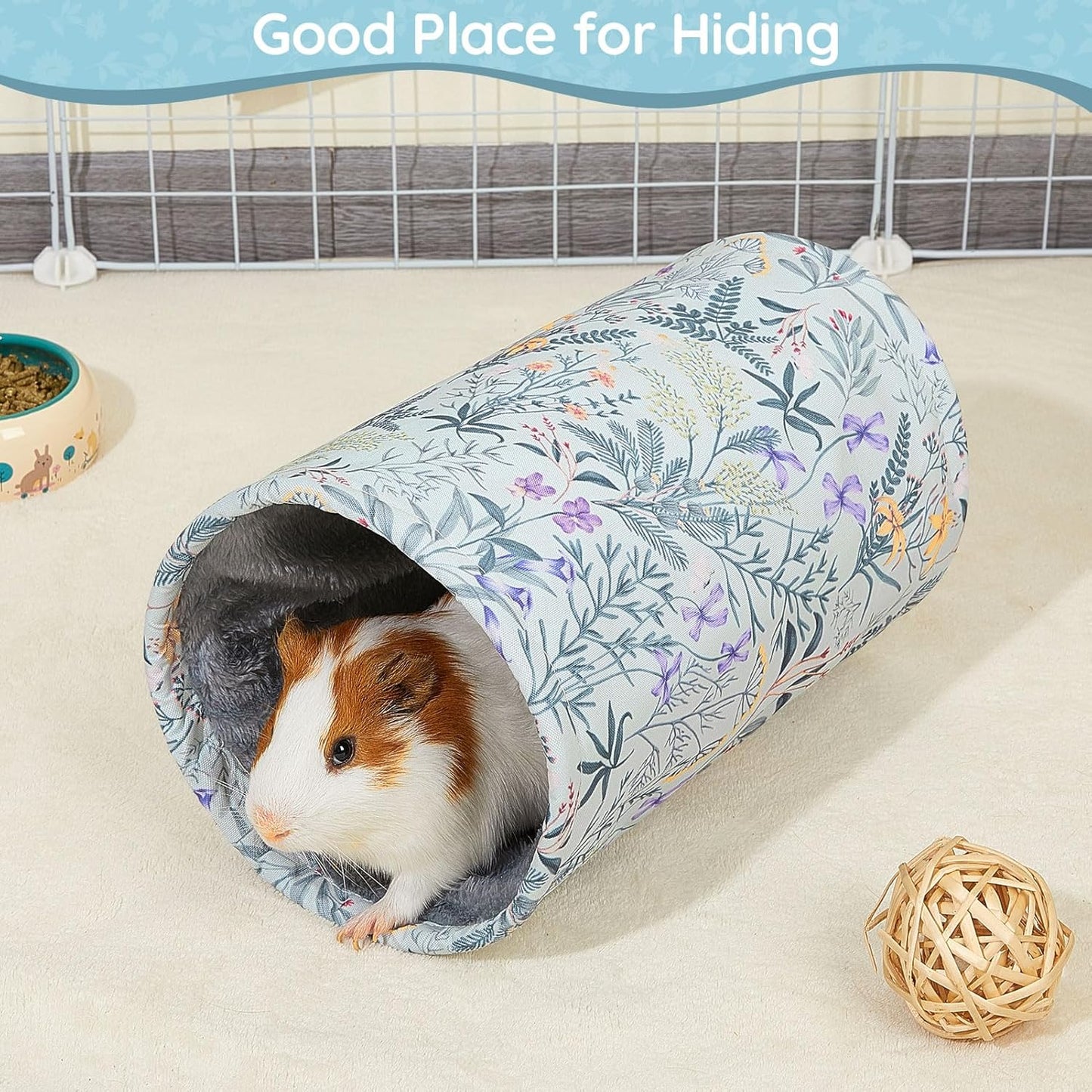 Glittme Guinea Pig Tunnel Washable Guinea Pigs Hideout Portable Rabbit Tunnels Soft Ferret Tunnel for Playing Resting Guinea Pig Accessories for Hedgehogs, Hamster, Flowers and Leaves
