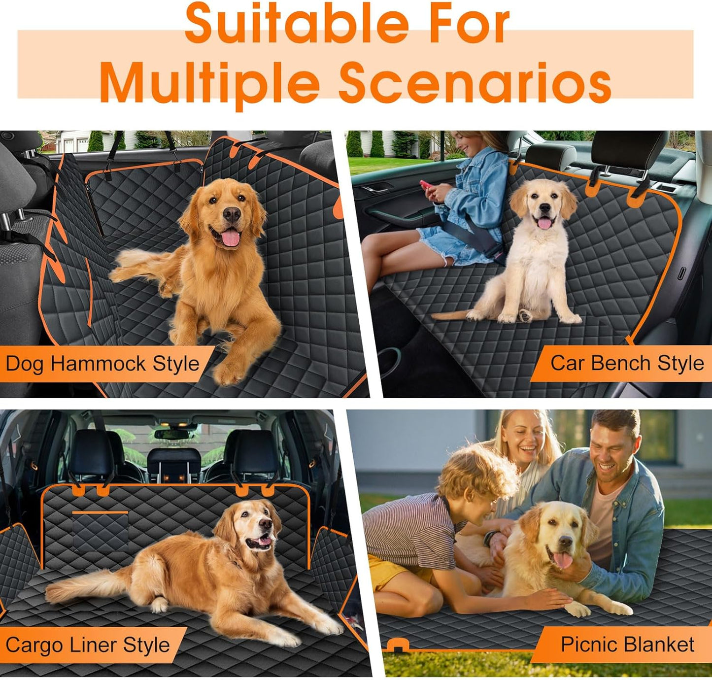 Waterproof Dog Car Seat Cover for Back Seat - Durable, Scratch Proof Pet Hammock with Nonslip Design & Storage Pockets, Fits Cars, SUVs, Trucks- S, Black/Orange