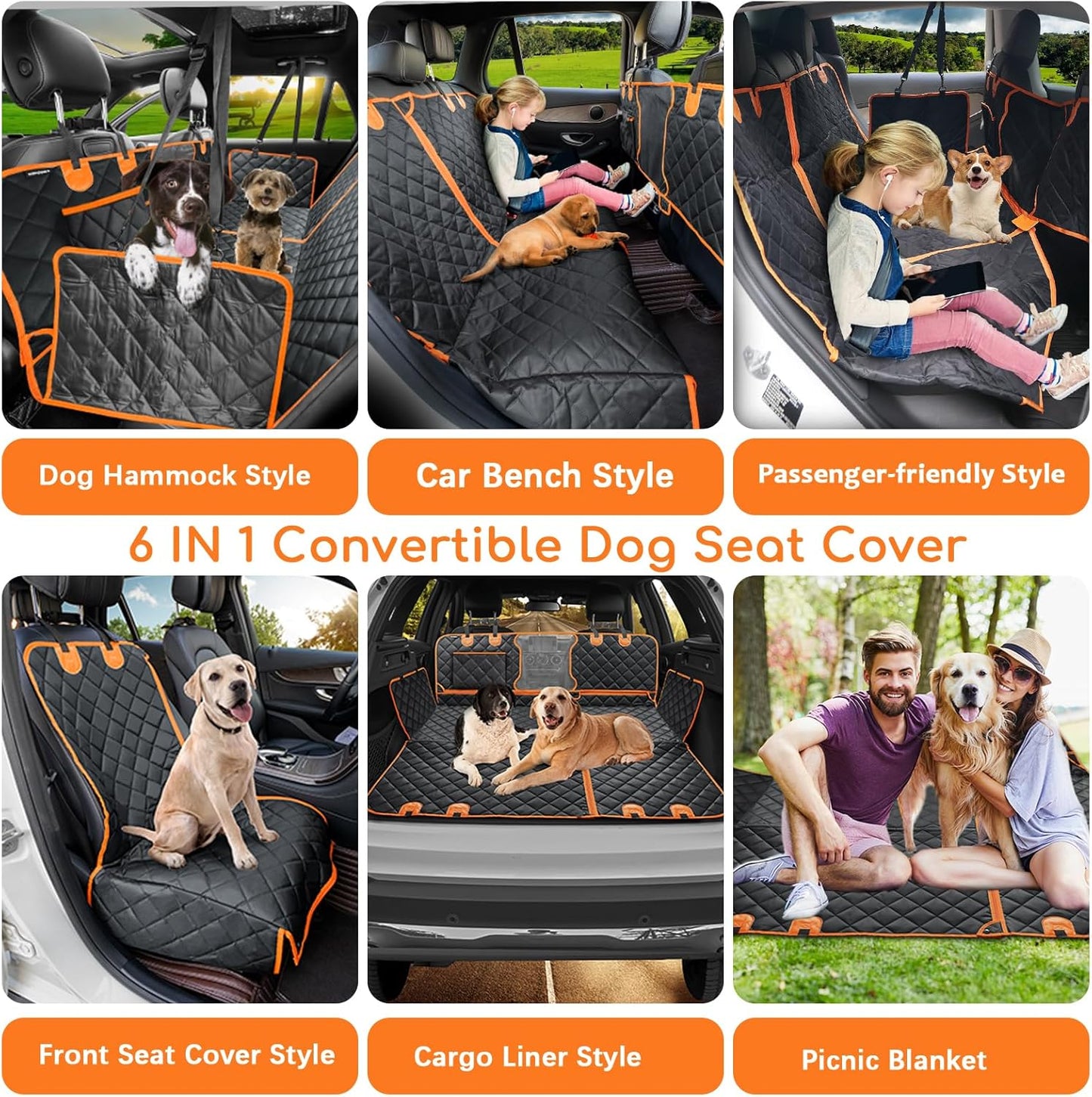 URPOWER 6-in-1 Dog Car Seat Cover for Back Seat, Waterproof Dog Car Hammock with Mesh Window, Non-Slip Pet Backseat Protector for Cars, Trucks and SUVs