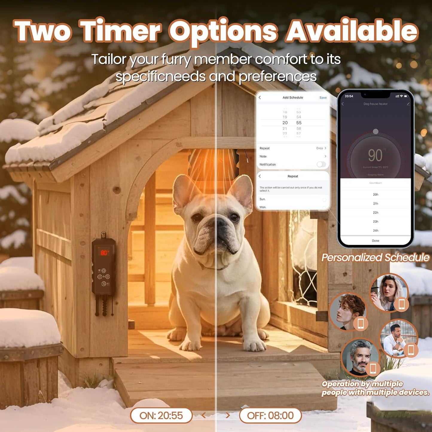Dog House Heater,Pet House Heater with APP Remote&Thermostat,41°F/113°F Adjustable Temp 24H Timer Outdoor Pet Safe Heaters,500W IPX5 Waterproof Cat Heater Anti Chew Cord with WIFI