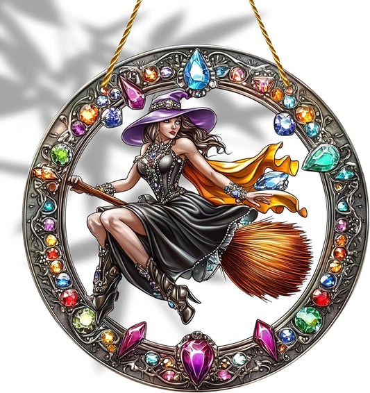 8x8 inch Charming The Witch Rides A Broom Acrylic Stained Glass Window Hanging Sun Catcher Decor Stained Panel Hangings Wall Art Decor, for Friends and Family (Witch Broom)