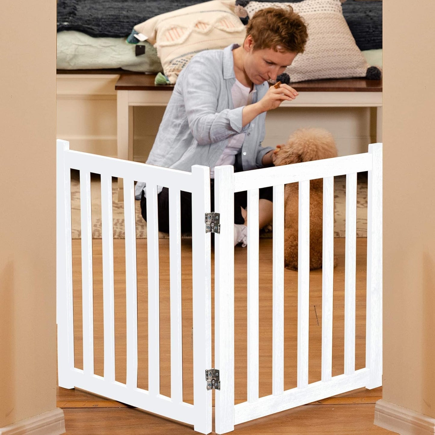 LZRS 2-Panel Wooden Free Standing Foldable Dog Gate Indoor – Solid Hardwood 24" High, Step-Over Safety Pet Gate for Doorways, Stairs & Small Spaces - Indoor Use, White
