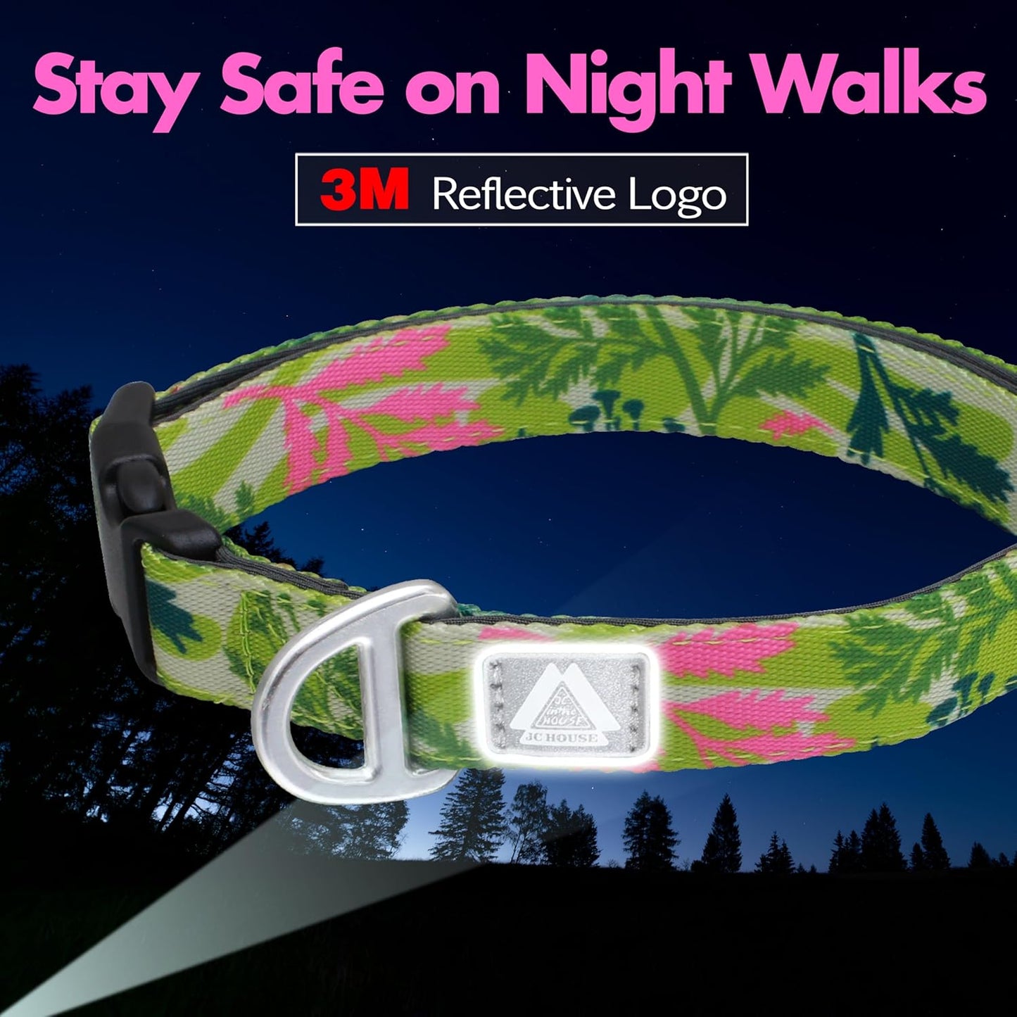 Medium Dog Collar with Reflective Logo and Soft Padded Neoprene,Summer Tropical Leaf Design, Adjustable,Lightweight & Durable, Neck Size 12’’-20’’ (Leaf, M)