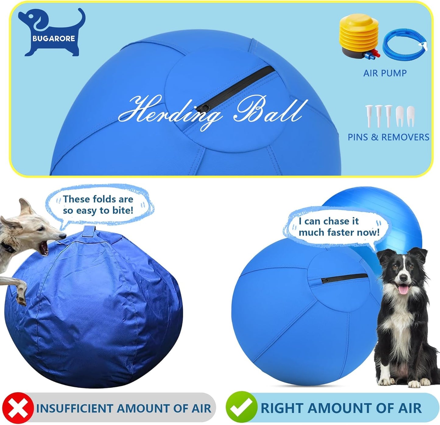 Herding Ball for Dogs - 25" Medium Herding Ball with Anti-Burst Cover and Pump, Outdoor Dog Exercise Toy for Australian Shepherd, German Shepherd, Collie (Blue)