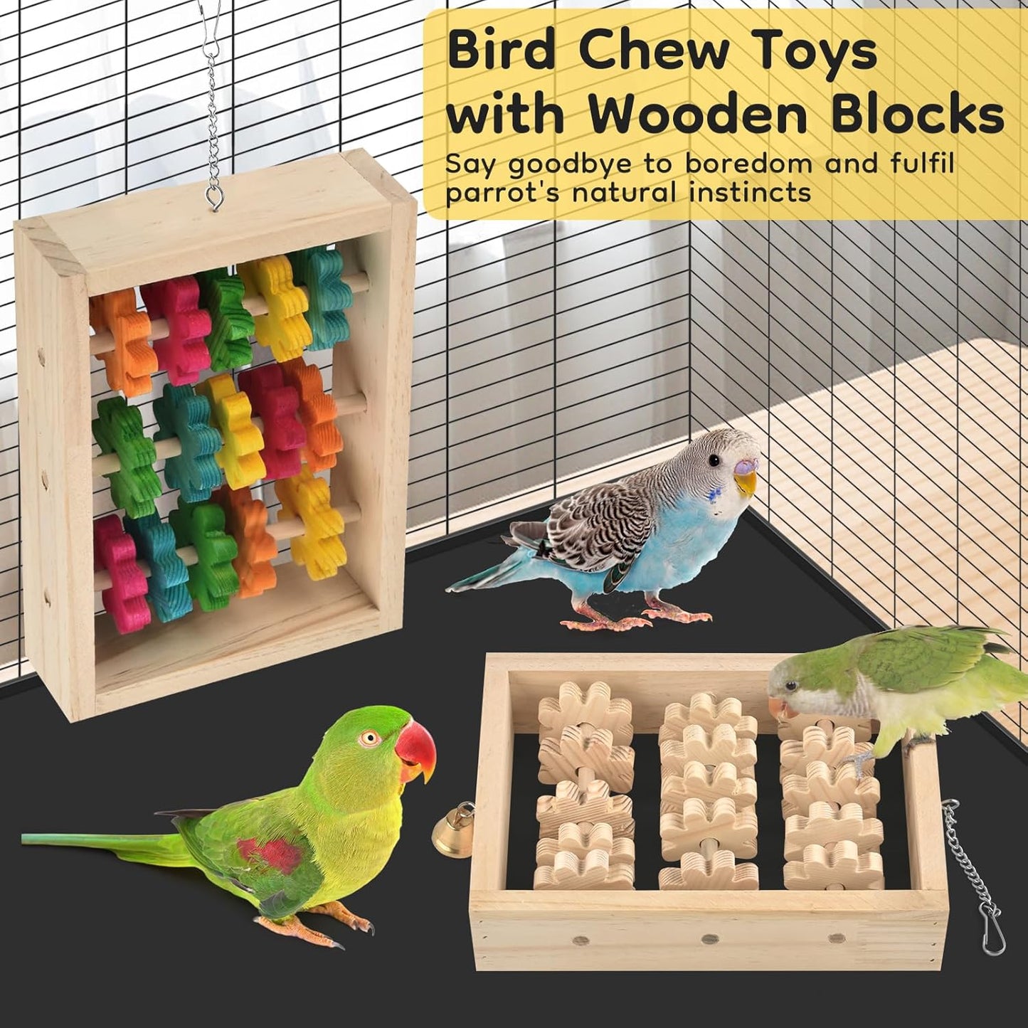 2Pcs Bird Toys, Hanging Parrot Chew Toy, Natural Wooden Chewing Puzzle Training Blocks Intellectual Development for Budgie, Conure, Lovebird, Cockatoo, African Grey, Amazon Parrots, Macaw