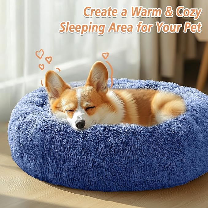 JOLLYVOGUE Calming Dog & Cat Bed for Small Dogs, Anti-Anxiety Donut Cuddler Cozy Soft Round Bed with Anti-Slip Bottom, Fluffy Faux Fur Plush Cushion Beds for Small Medium Pets (20")
