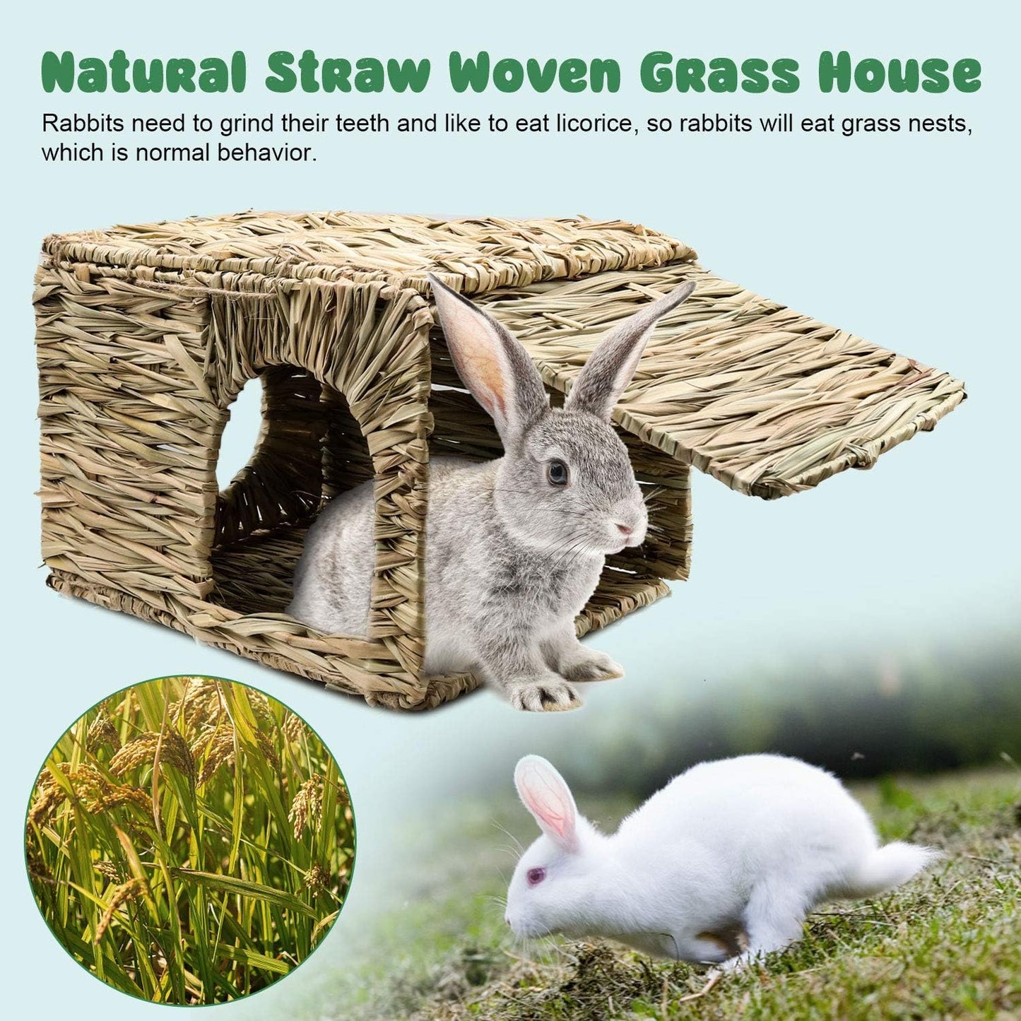 BWOGUE Extra Large Grass House for Rabbits,Hand Crafted Natural Grass Hideaway Foldable Bed Hut with Openings Playhouse for Bunny Guinea Pig Chinchilla Ferret for Play and Sleep