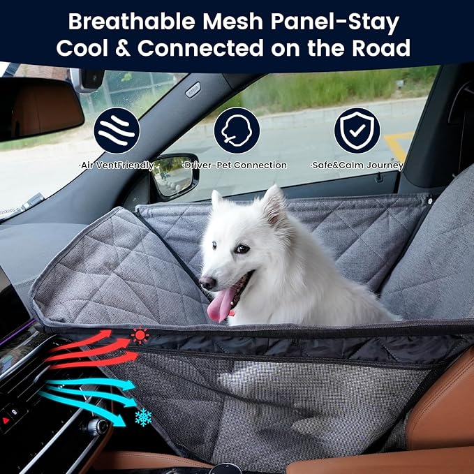 Front Seat Dog Car Seat for Small/Medium Dogs with Door Protection – Full Coverage Pet Booster Seat with Mesh Window, Zippered Side Flaps, Safety Buckle, Grey Linen Fabric