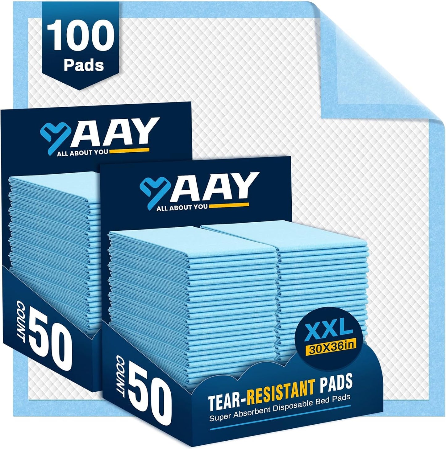 AAY Disposable Bed Pads 30"X36" (100pcs) Tear-Resistant Cloth Backing Underpads Super Absorbent Pee Pads Extra Large Premium Chucks for Adults Incontinence Pads Waterproof for Elderly, Kids or Puppy