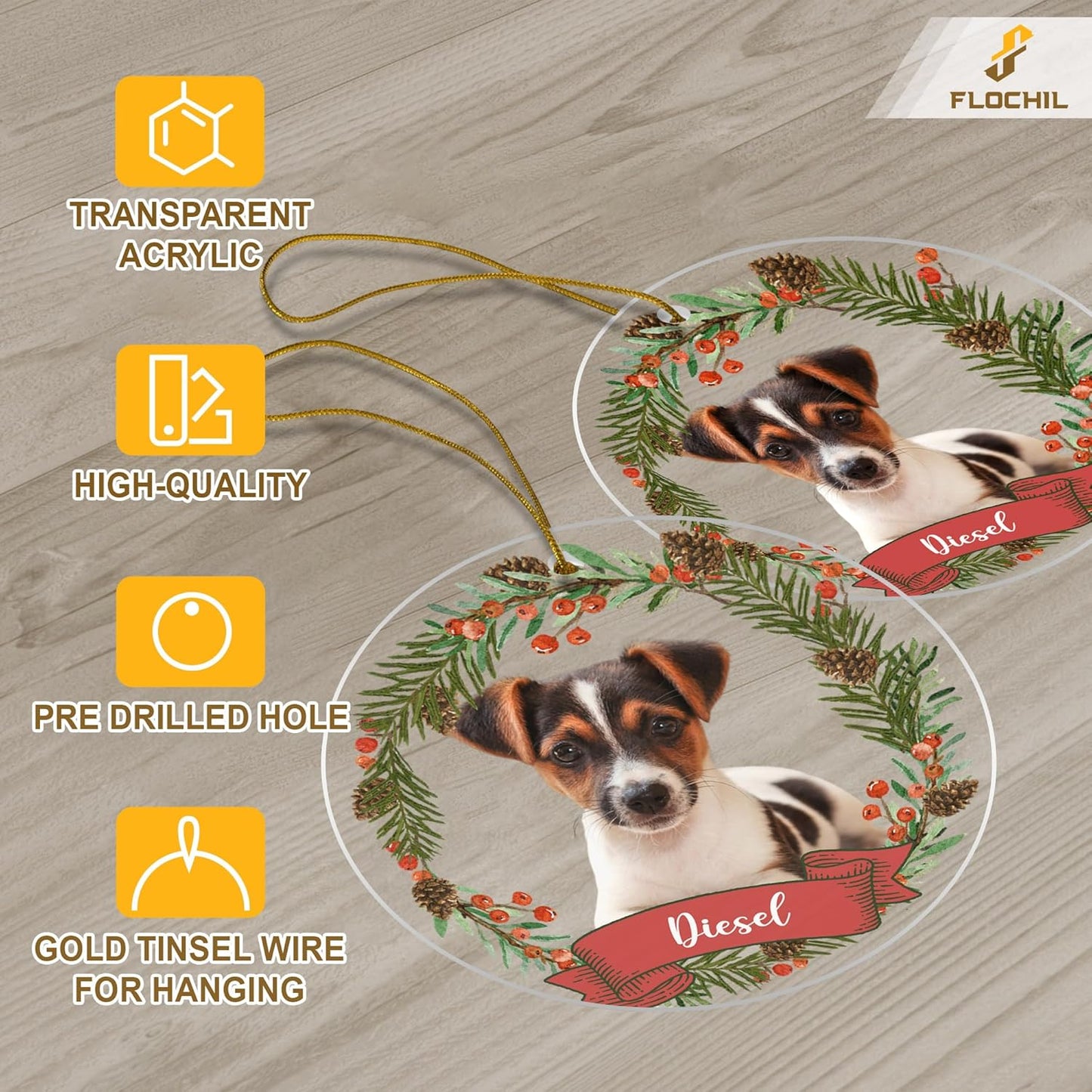 FLOCHIL Personalized Dog Christmas Ornaments, Custom Photo Name for Christmas Trees, Dog First Christmas Ornaments, Best Gifts for Pet Lovers Acrylic Ornament