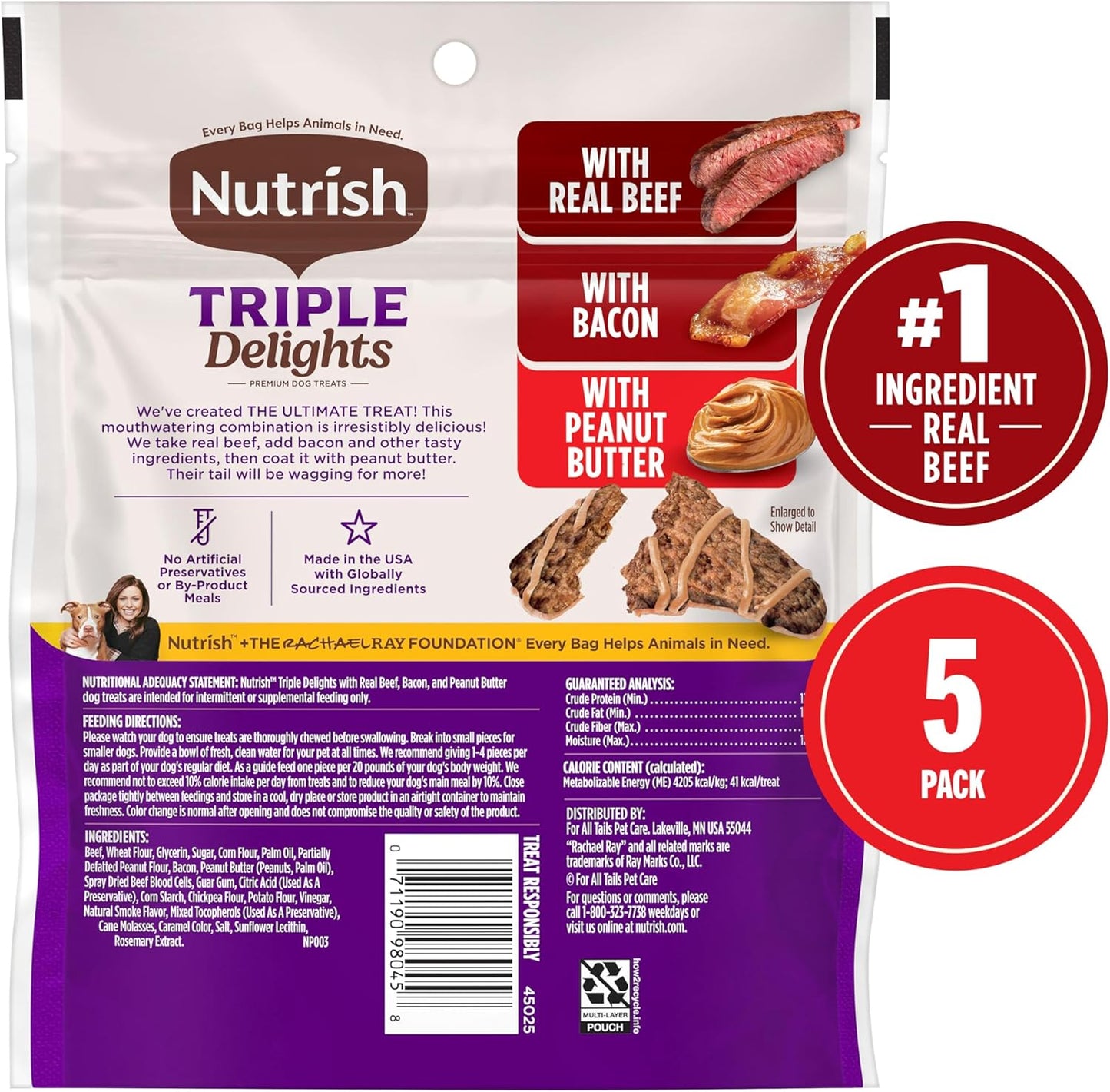 Nutrish Triple Delights Premium Dog Treats with Real Beef, Bacon, and Peanut Butter, 4.5 oz. Pouch, Pack of 5