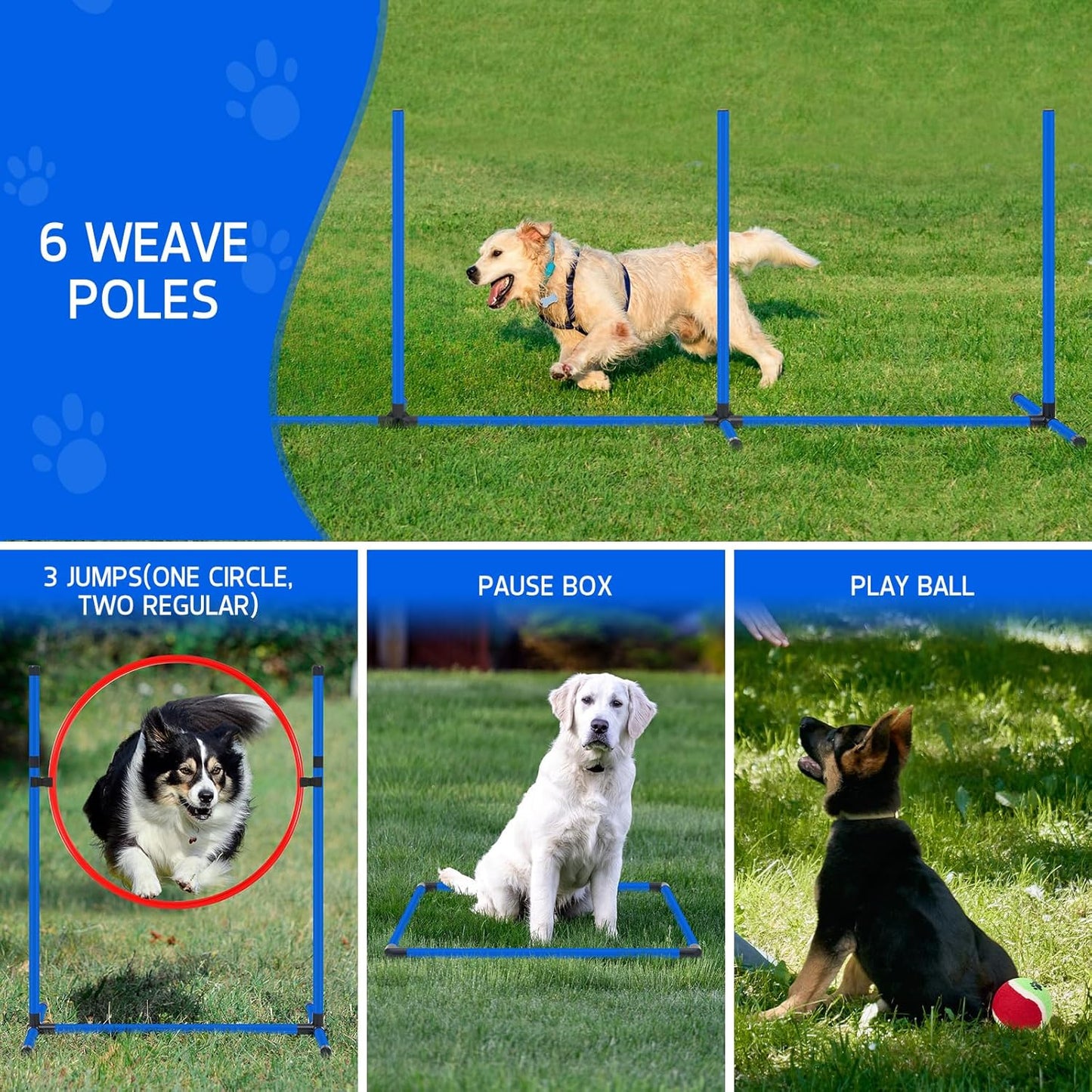 Dog Agility Training Equipment Set, Obstacle Courses Agility Training Kit for Puppy Includes 2 High Hurdles, Standard Tunnel, Blind Tunnel, Jumping Ring, 6 Weave Poles, Pause Box and 2 Carrying Bags