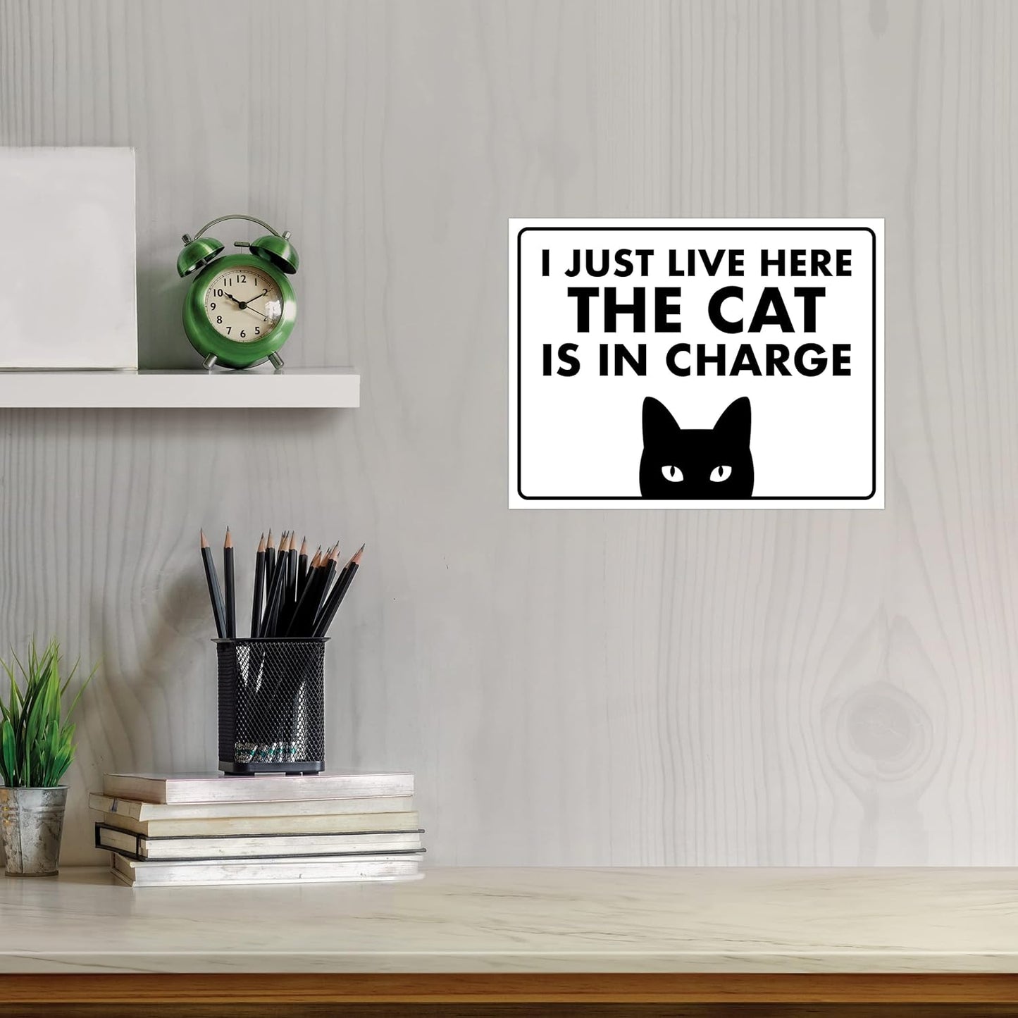 ENVISIONED Signage - I Just Live Here, The Cat is in Charge - Funny Sign, Laminated - 8.5" x 11" - Home Decor, Gift for Cat Lovers