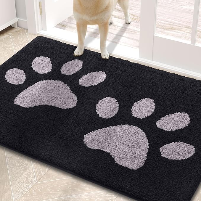 Buganda Dog Door Mat for Muddy Paws, Absorbent Dirt Trapper Washable Indoor Doormats, Non Slip Low-Profile Mud Mat for Dogs, Front Entrance Doormat for Inside Floor (30x20 Inches, Black and Grey)