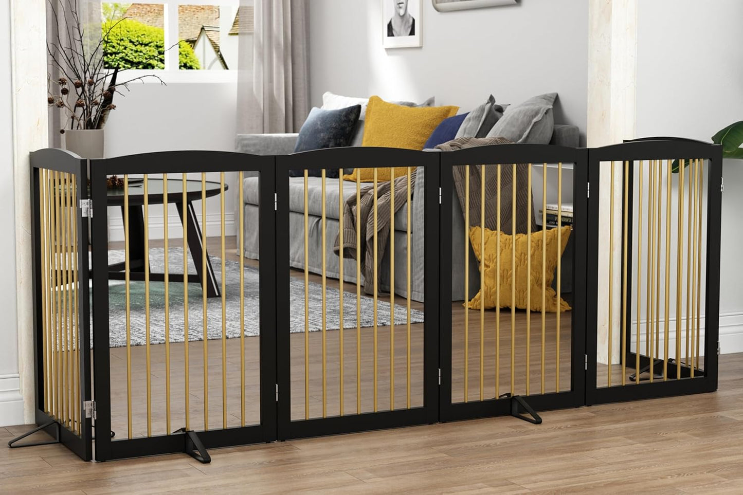 Freestanding Pet Gate for Dogs, Indoor Wooden Dog Gate for House, Extra Wide Foldable Dog Gate for Stair, Doorway, Hall, Support Feet Included, 120 Inch Wide, 6 Panels 32",Black&Gold