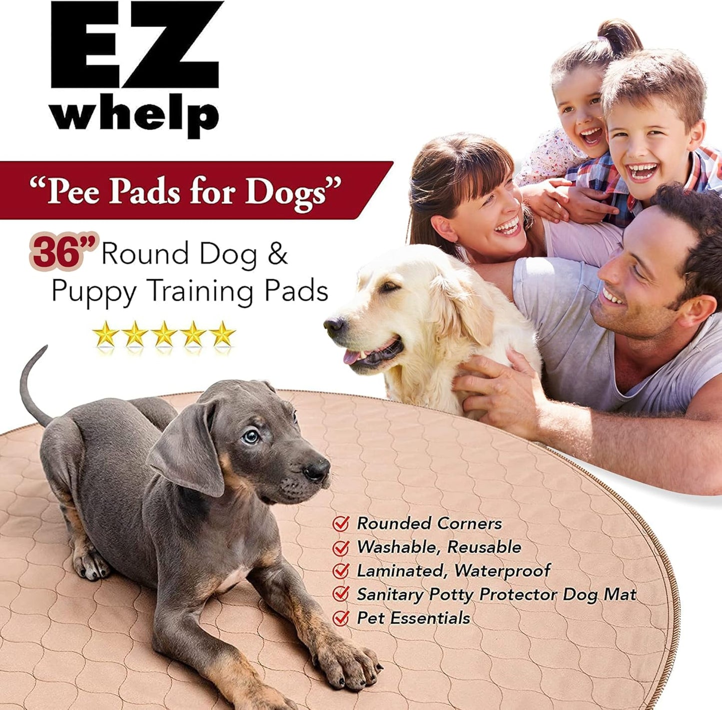 EZwhelp Reusable Dog Pee Pad, Washable Waterproof Mat for Dog Potty Training or Whelping Pad, Round, 36 Inch