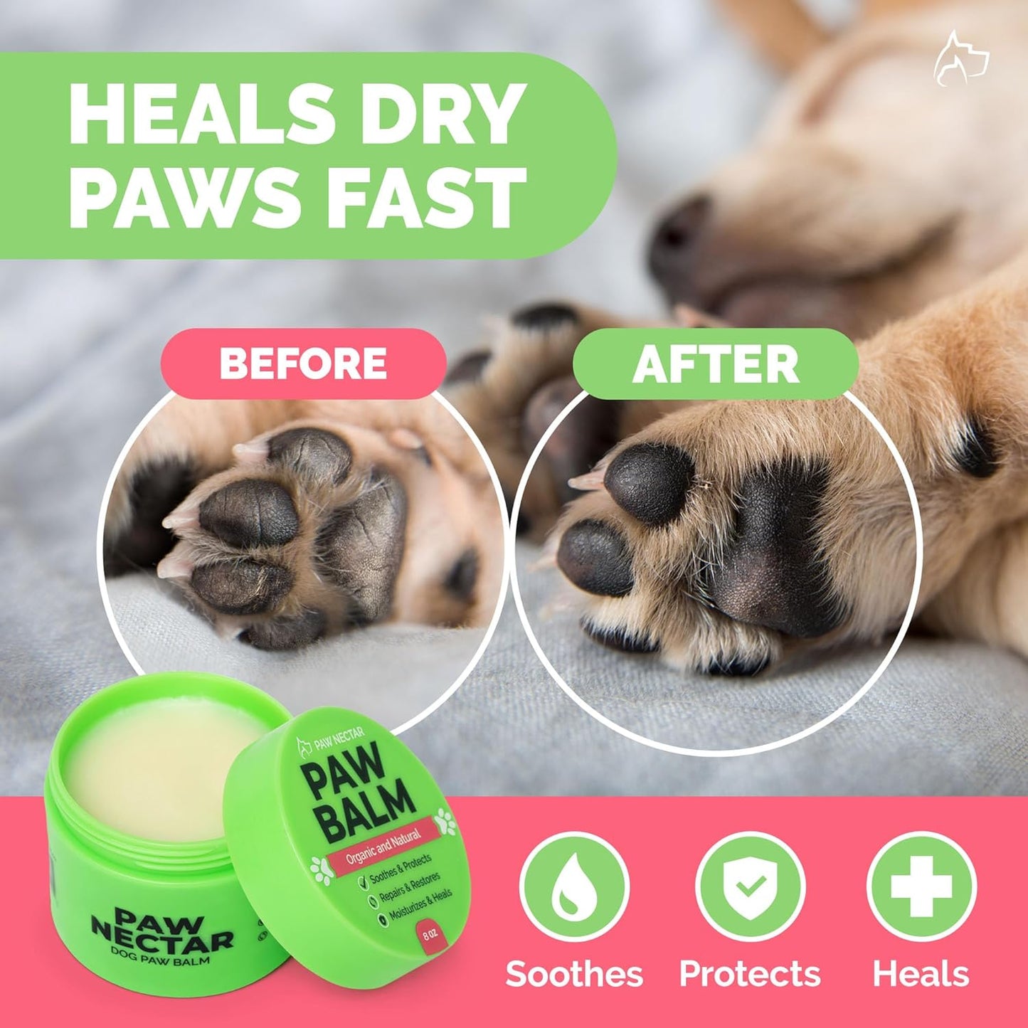 Natural Lick Safe Dog Paw Balm 8oz - 100% Organic Dog Paw Pad Balm Protector, Moisturizer & Soother for Dry Cracked Paws, Hot Pavement, Winter - Heals, Repairs & Restores - Coconut Oil, Shea Butter