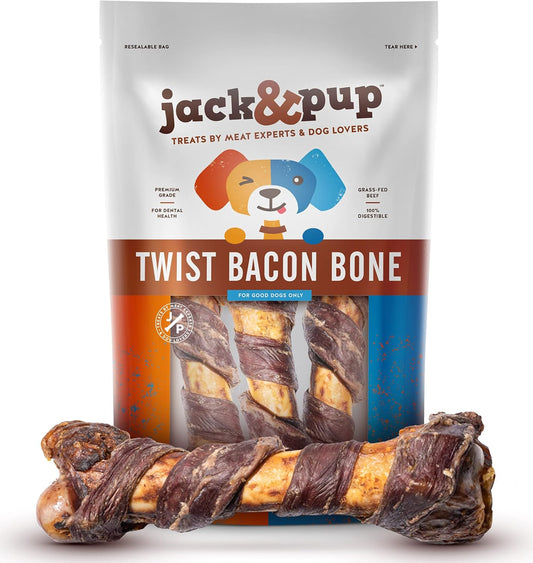 Jack&Pup 10" Pork Femur Bones for Dogs, Bacon Twist Big Bones for Large Dogs, Gourmet Beef Bones for Agressive Chewers, 3 Pack