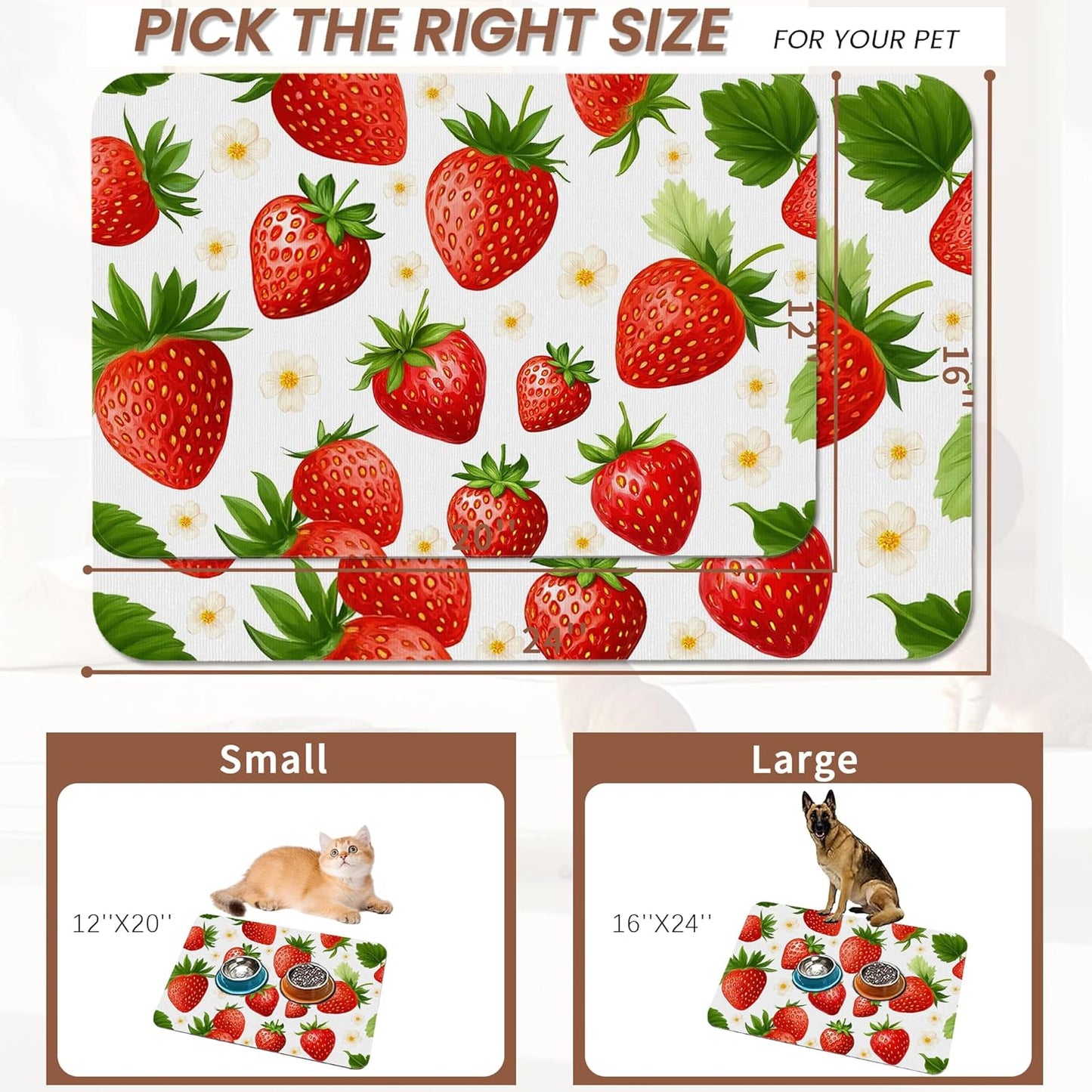 Cute Strawberry Flower Dog Cat Food Mat,Absorbent Pet Feeding Mat with Rubber Backing,Non-Slip Water Bowl Placemat,Indoor Pet Accessories Supplies 16"x24"