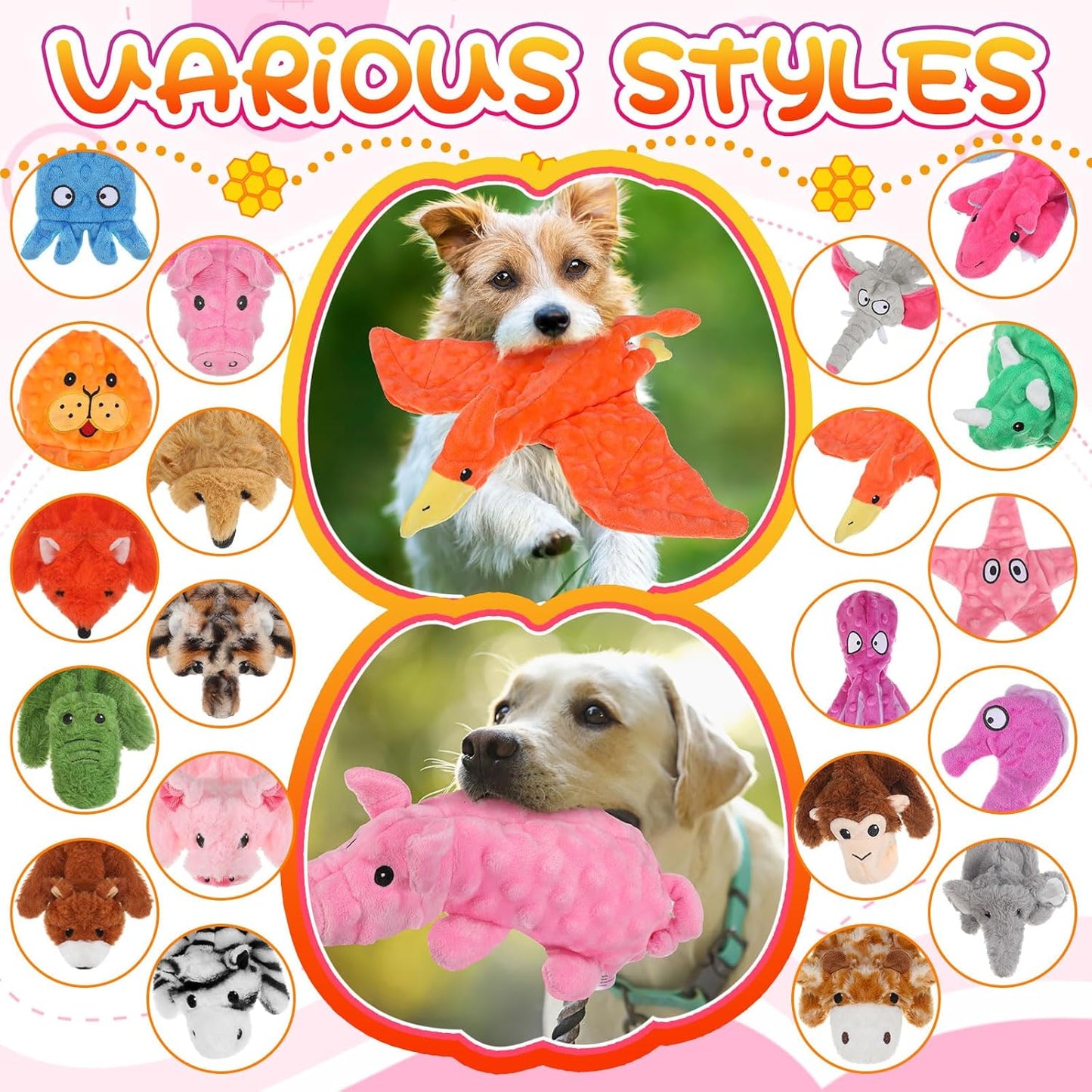 Outus 20 Pcs No Stuffing Dog Squeaky Toys Bulk for Aggressive Chewers, Crinkle Teething Chew Plush Toys for Small Medium Large Pet Gift, 20 Styles(Vivid Style)