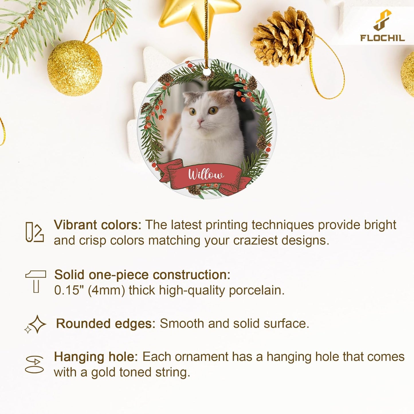 FLOCHIL Personalized Cat Christmas Ornaments Custom Photo Name for Christmas Trees, Cat First Christmas Ornaments, Gifts for Pet Lovers