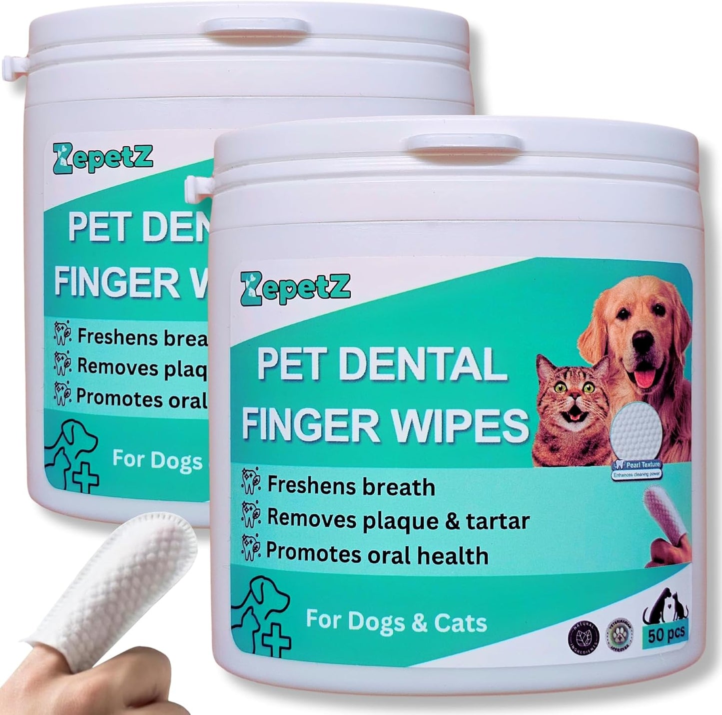 Pet Dental Finger Wipes for Dogs & Cats – Dog Tooth Wipes & Toothbrush Alternative – Easy Teeth Cleaning to Reduce Plaque, Tartar & Bad Breath – Vet-Approved Cat & Dog Oral Care (2 Pack)