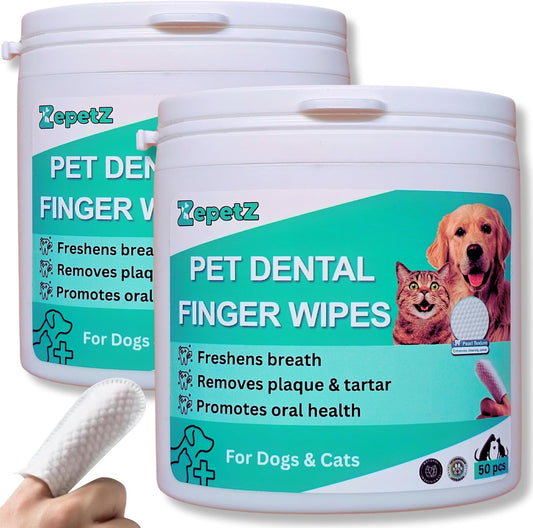 Pet Dental Finger Wipes for Dogs & Cats – Dog Tooth Wipes & Toothbrush Alternative – Easy Teeth Cleaning to Reduce Plaque, Tartar & Bad Breath – Vet-Approved Cat & Dog Oral Care (2 Pack)