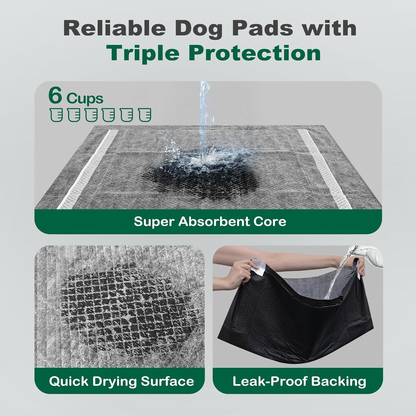 MIZOK Large Dog Pee Pads 28”×30” Charcoal, 50 Count, Puppy Pads Superior Odor-Control Potty Pads for Dogs with Adhesive Tabs Super Absorbent Activated Carbon Leak-Proof Disposable, Black