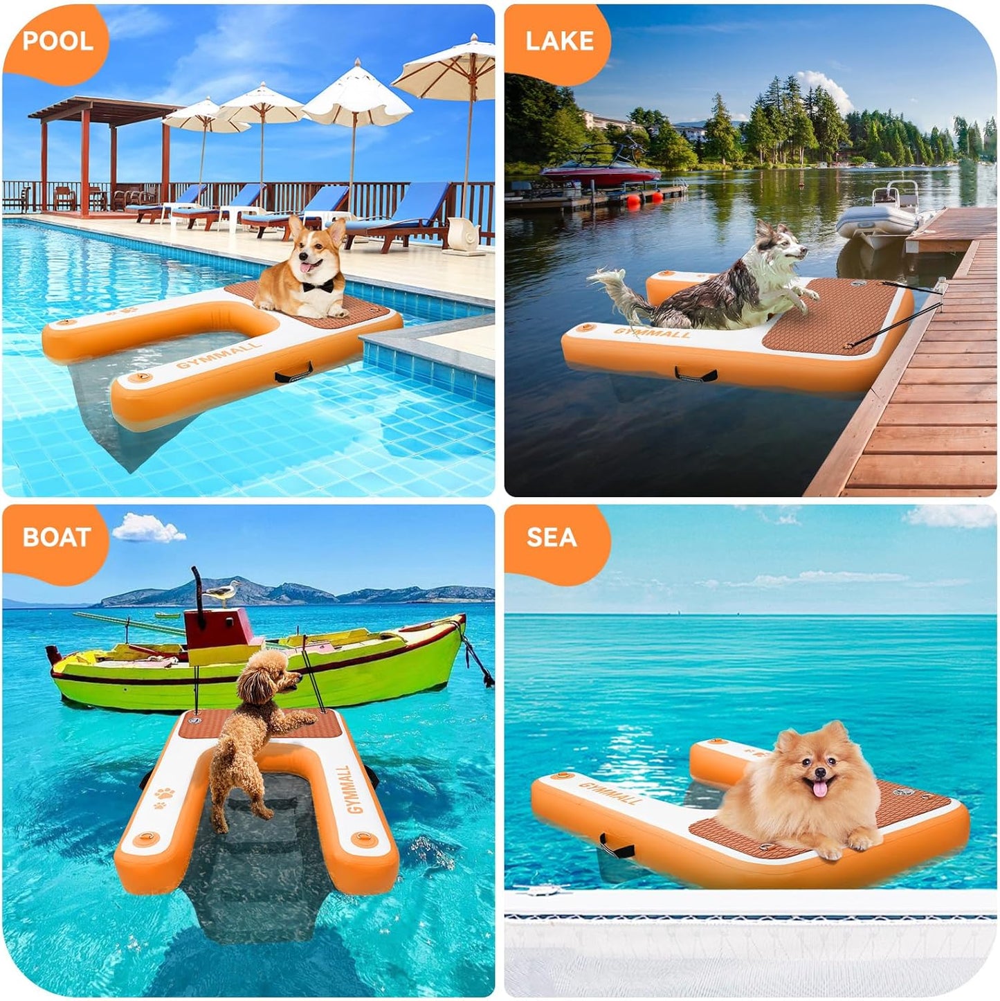 Inflatable Dog Water Ramp Pet Dock Platform Orange, Pet Water Platform for Boat Pool Lake Sea, Non-Slip Safety Floating Dock for Dogs up to 200lbs, EVA Puppy Float Ramp Dog Water Ladder