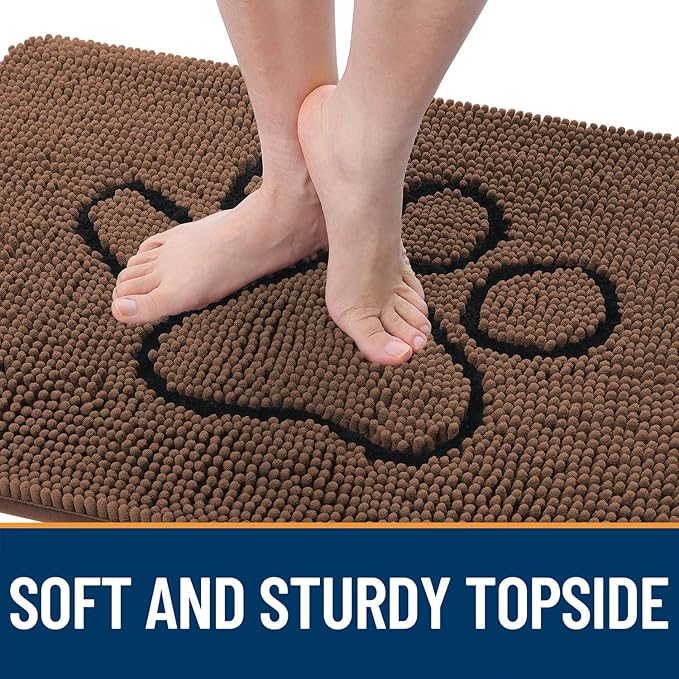 OLANLY Door Mat for Muddy Dog Paws 36x24, Ultra Absorbent Chenille Mud Doormat with Paw Print Design, Non-Slip Washable Doormat for Indoor Entryway, Quick-Dry Pet Bed Mats for Dirty Dogs, Mocha