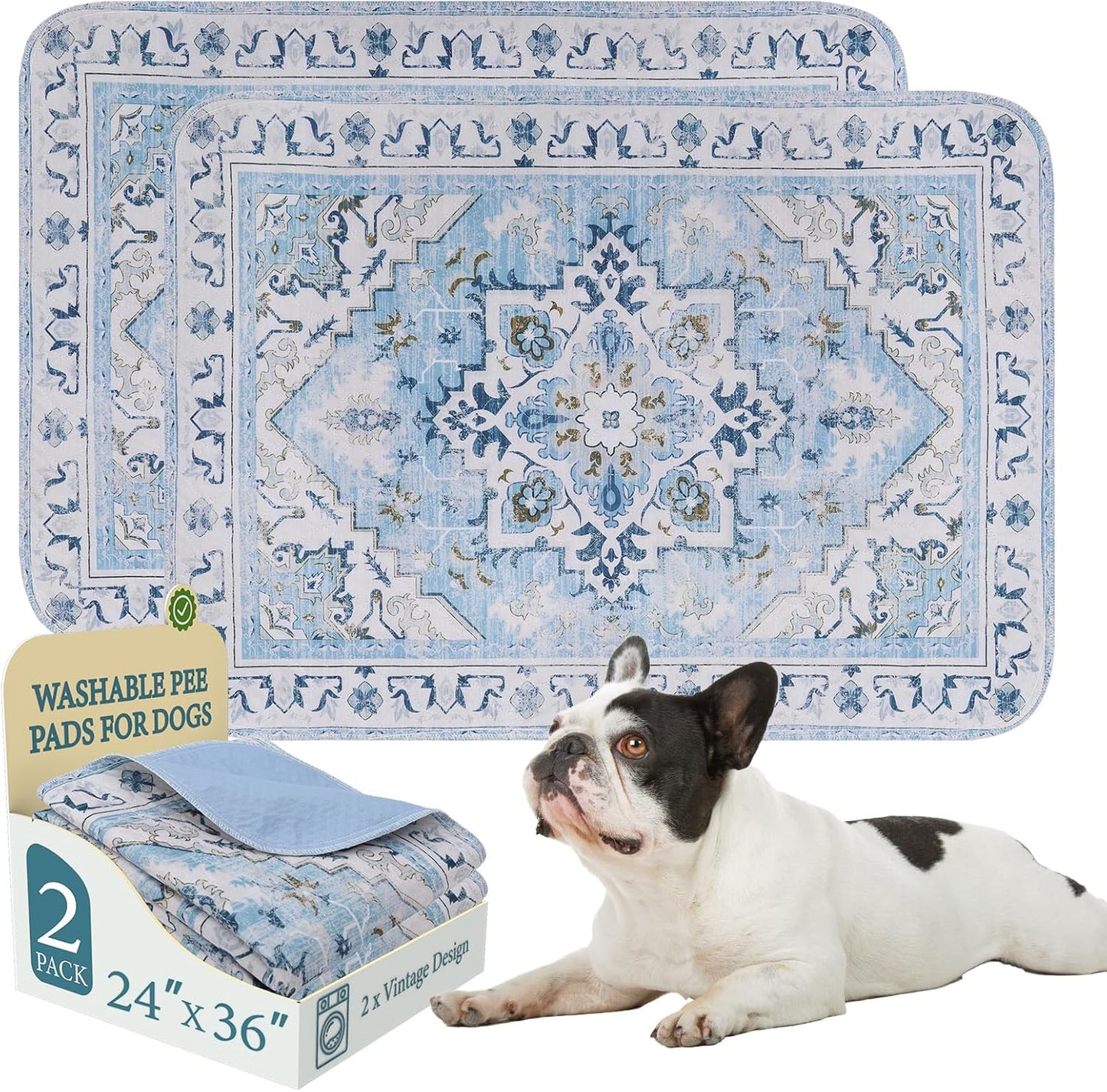 Homimp Washable Pee Pads for Dogs,2 Pack Reusable Puppy Pads Waterproof,Absorbent and Leakproof Dog Pee Pads,Non Slip Puppy Training Pads, Pet Mat for Floor, Crate, Couch, Whelping,Blue, 24"x36"