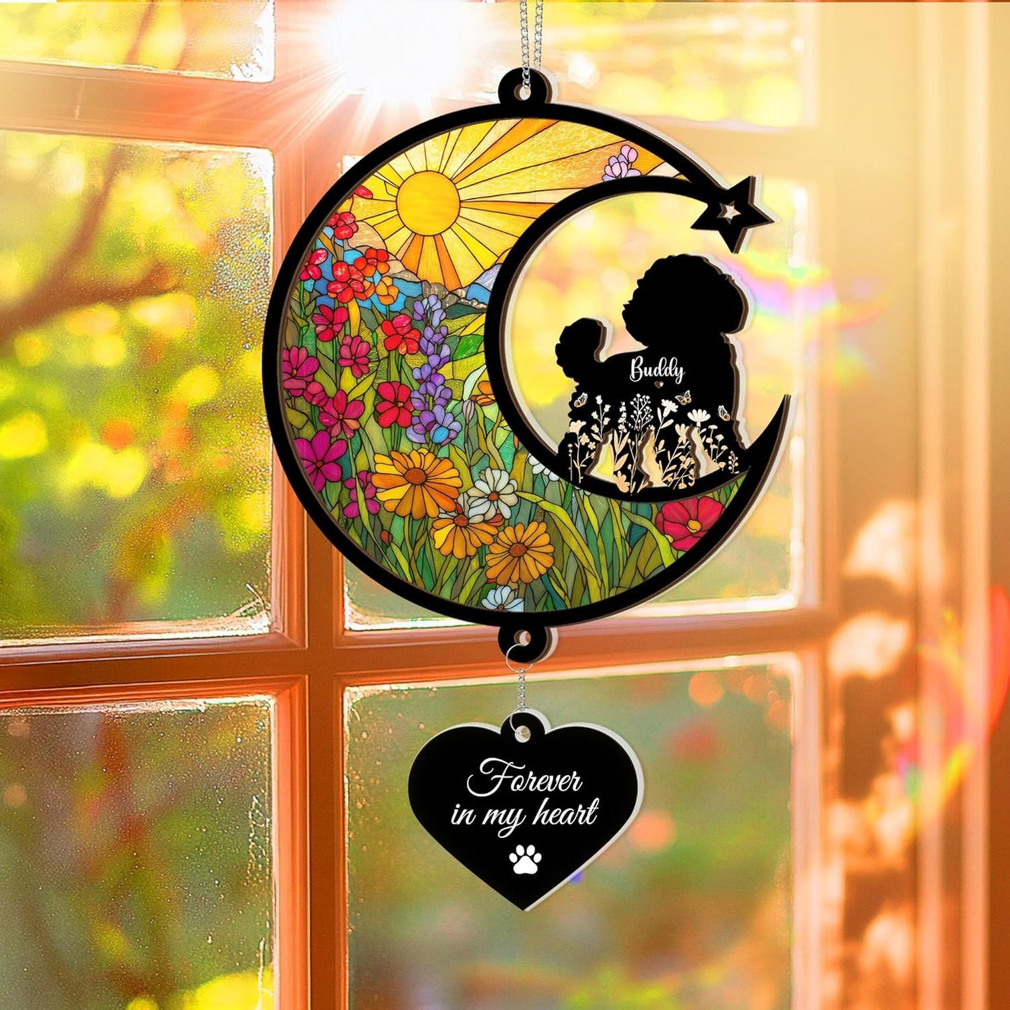 Custom Dog Memorial Suncatcher – Personalized Pet Loss Gift with Name, Breed & Background Variations, Remembrance Keepsake for Dog Lovers