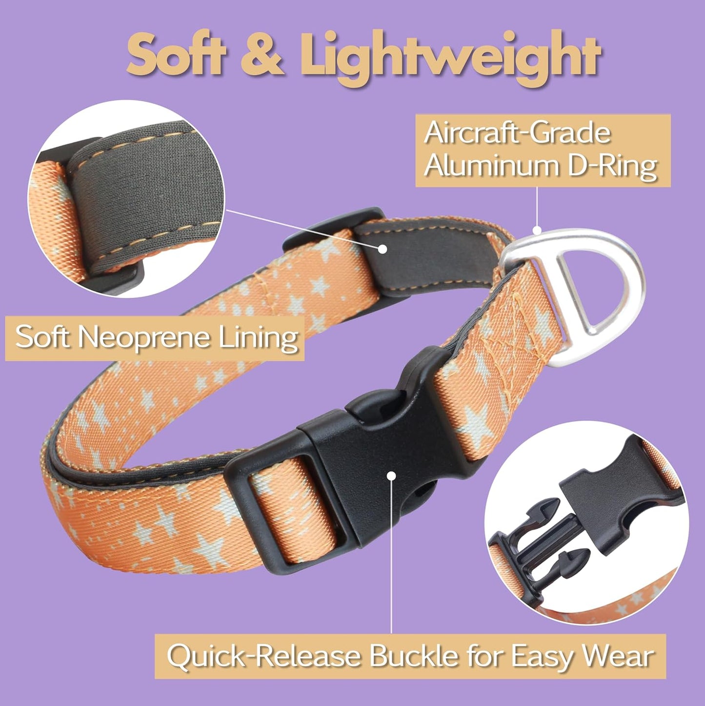 Fall Dog Collar, Cute Star Pattern Brown Collars for Girl & Boy,Reflective,Soft Padded Neoprene,Fully Adjustable,Durable & Lightweight Large Dog Collar, (Star, L)