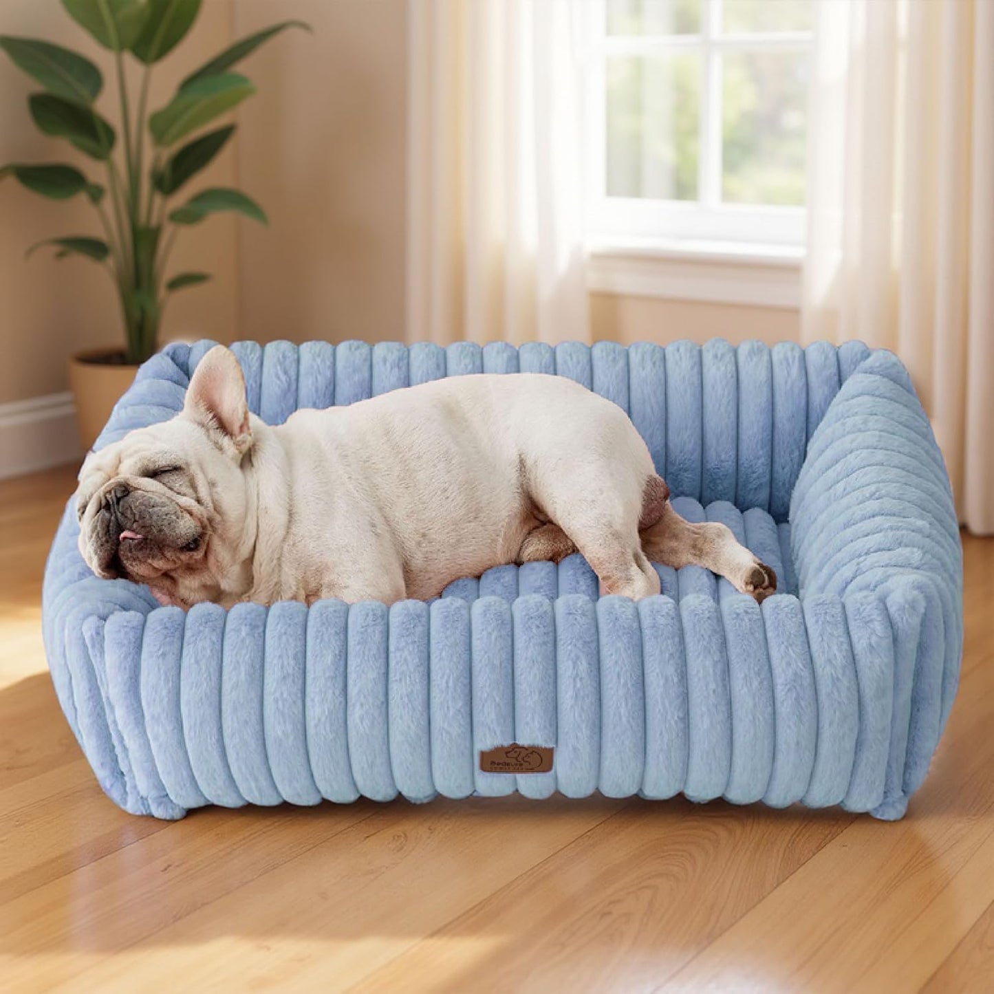 Bedsure Washable Dog Bed for Medium Dogs - Cute Furry Puppy Beds, Rectangle Orthopedic Corduroy Fleece Pet Beds with Removable Zipper Cover, 30x24x8inches, Blue