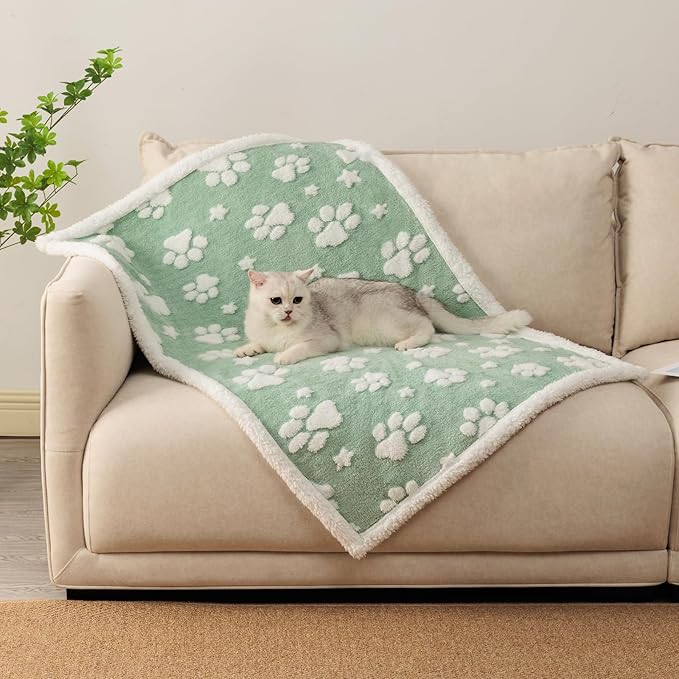 Waterproof Blanket for Dog Puppy Cat, Cute 3D Textured Paw Dog Blanket for Bed Couch Sofa, Soft Liquid Pee Proof Pet Furniture Protector, 30"x40", Green
