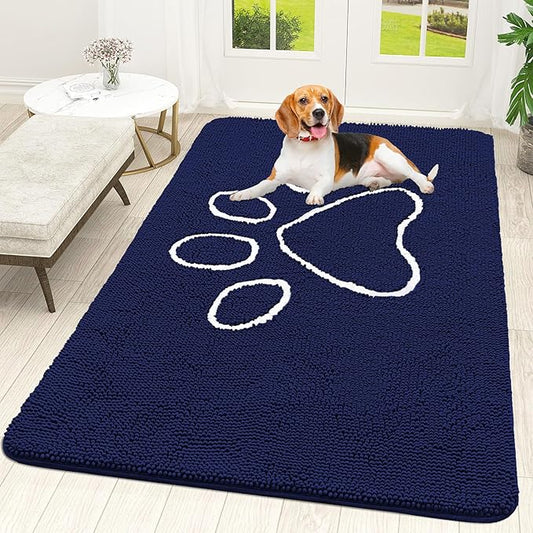 OLANLY Door Mat for Muddy Dog Paws 59x35, Ultra Absorbent Chenille Mud Doormat with Paw Print Design, Non-Slip Washable Doormat for Indoor Entryway, Quick-Dry Pet Bed Mats for Dirty Dogs, Navy Blue