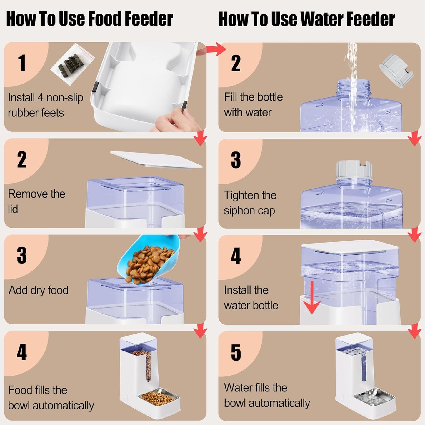 Automatic Cat Feeder and Cat Water Dispenser Set with Stainless Steel Bowls Gravity Dog Feeder for Small Medium Big Dog Pets Puppy Kitten, 3.8L x 2